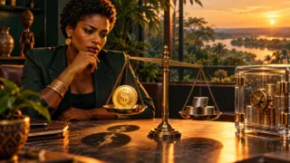 Une entrepreneuse centrafricaine compare un jeton dollar et des pièces neutres près d’un coffre transparent fermé.