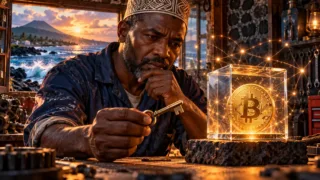 Un mécanicien comorien observe une pièce Bitcoin dans un cube transparent et tient une clé métallique.