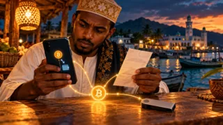 Un homme comorien compare un reçu et un téléphone, avec un portefeuille matériel posé sur la table.