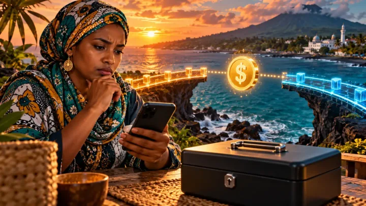Une commerçante comorienne examine un jeton dollar entre deux ponts lumineux séparés, près d’un coffret fermé.
