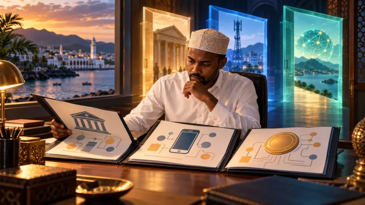 Un professionnel comorien compare trois dossiers symbolisant banque, paiement mobile et actif numérique.