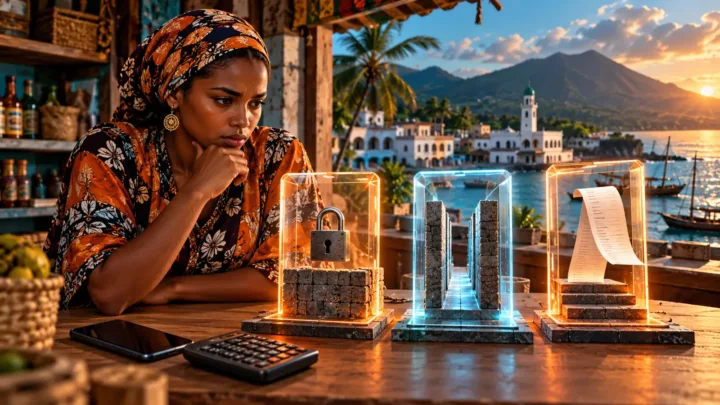Une utilisatrice comorienne compare trois passages numériques aux contraintes différentes devant son comptoir.
