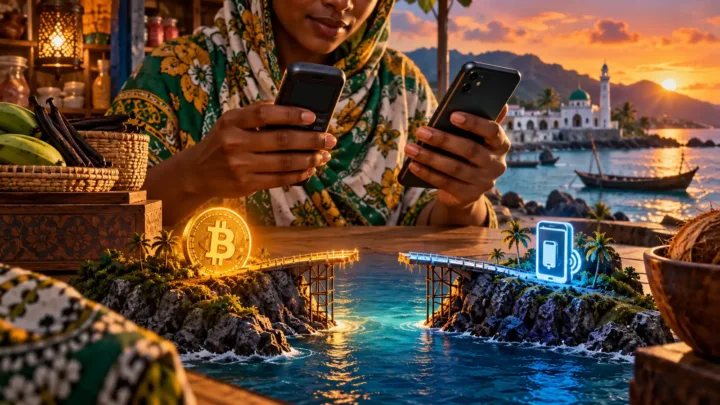 Deux téléphones distincts accompagnent une passerelle symbolique inachevée entre paiement mobile et Bitcoin.
