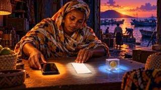 Une marchande comorienne compare un téléphone, un reçu et un jeton dollar disposés dans trois espaces séparés.