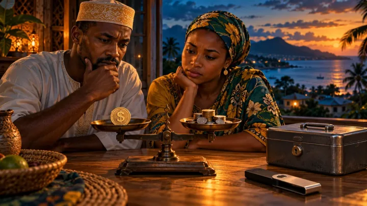 Un couple comorien observe une balance entre un jeton dollar et des pièces, près d’un coffret fermé.
