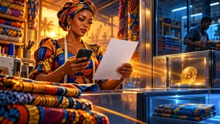 Commerçante de Pointe-Noire vérifiant un reçu et une pièce Bitcoin dans sa boutique