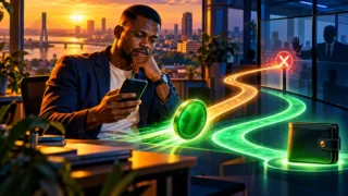 Utilisateur congolais suivant le trajet d’un jeton vert entre un téléphone et un portefeuille
