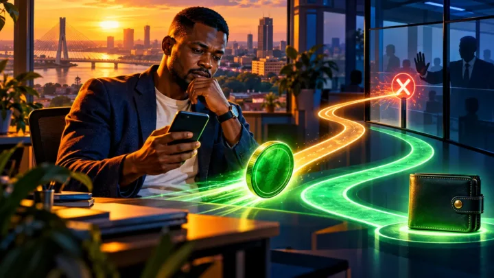 Utilisateur congolais suivant le trajet d’un jeton vert entre un téléphone et un portefeuille