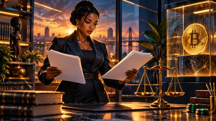 Juriste congolaise comparant des dossiers et une balance dans un bureau