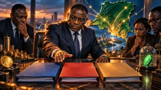 Responsable congolais examinant trois dossiers distincts devant une carte abstraite