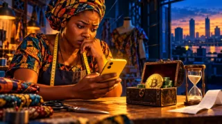 Commerçante congolaise vérifiant un téléphone jaune et une pièce Bitcoin dans un atelier