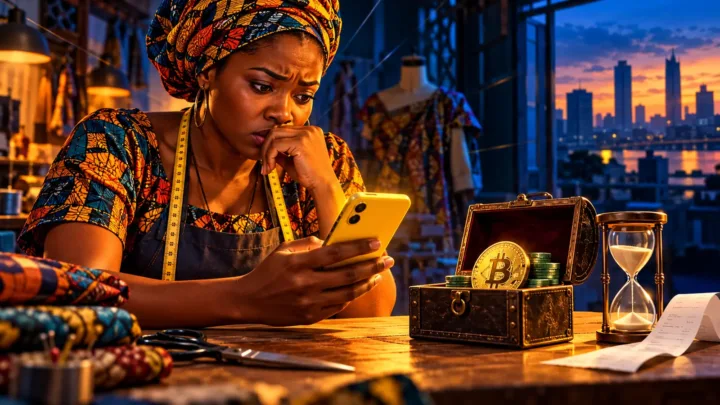 Commerçante congolaise vérifiant un téléphone jaune et une pièce Bitcoin dans un atelier