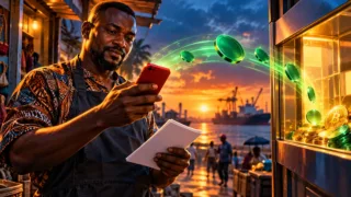 Commerçant congolais examinant un téléphone rouge et un jeton vert près du port