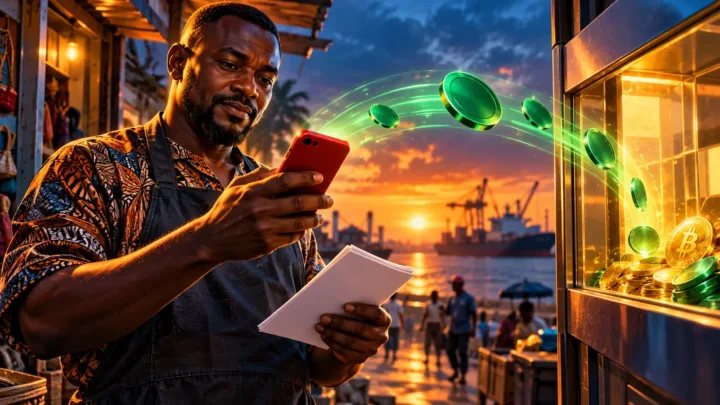 Commerçant congolais examinant un téléphone rouge et un jeton vert près du port