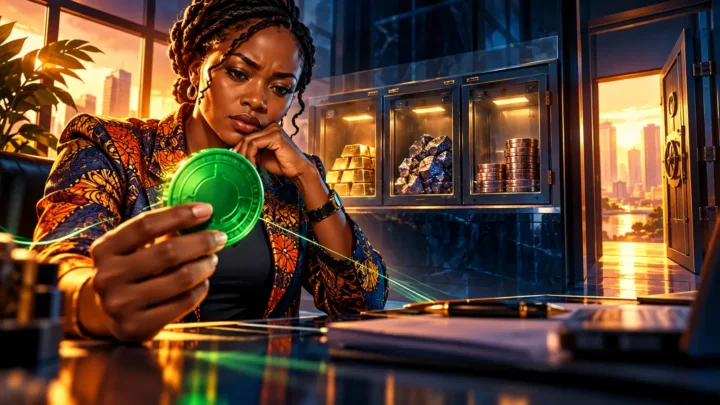 Congolese businesswoman comparing green tokens and reserves behind glass