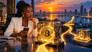 Entrepreneuse ivoirienne examinant une pièce Bitcoin dans un coffre transparent devant Abidjan