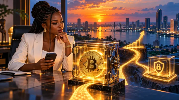 Entrepreneuse ivoirienne examinant une pièce Bitcoin dans un coffre transparent devant Abidjan