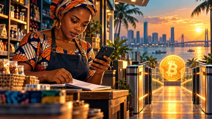 Ivorian shopkeeper checking a phone and notebook before a Bitcoin gateway