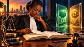 Juriste ivoirienne examinant un livre et une balance devant deux portes translucides