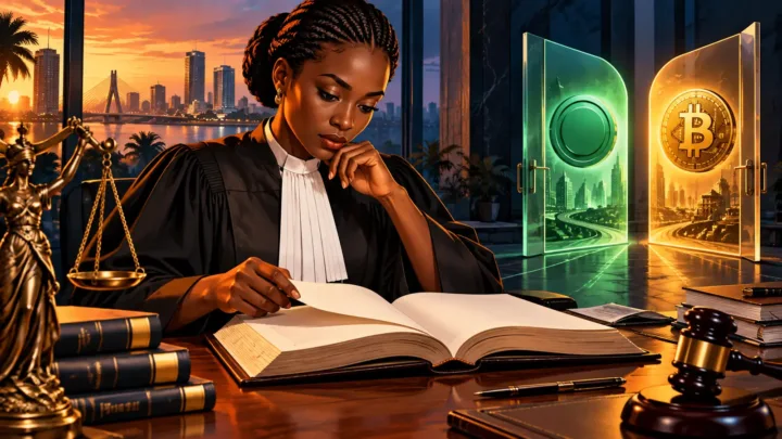 Juriste ivoirienne examinant un livre et une balance devant deux portes translucides