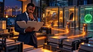 Ivorian compliance officer comparing files beside separate digital vaults