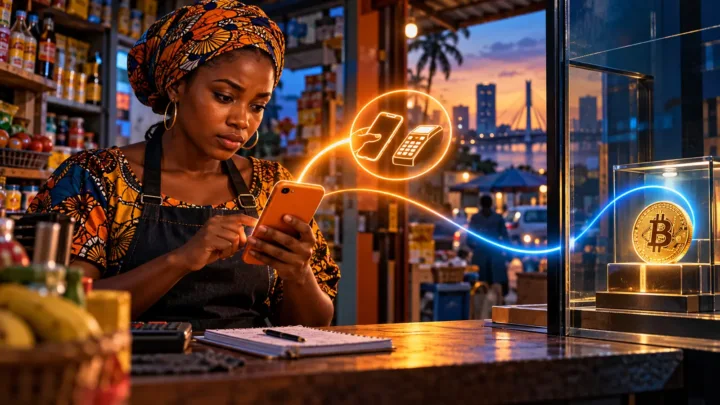 Commerçante ivoirienne vérifiant un téléphone orange et une pièce Bitcoin sous verre