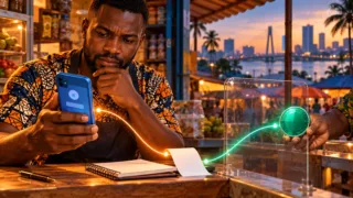 Professionnel ivoirien comparant un téléphone bleu et un jeton vert dans une boutique