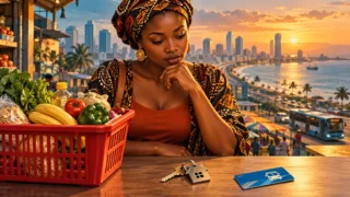 Kapu la manunuzi na funguo za nyumba mbele ya jiji la Afrika lililochorwa kwa mtindo