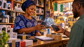 Illustration d’une commerçante nigériane recevant un paiement numérique dans sa boutique