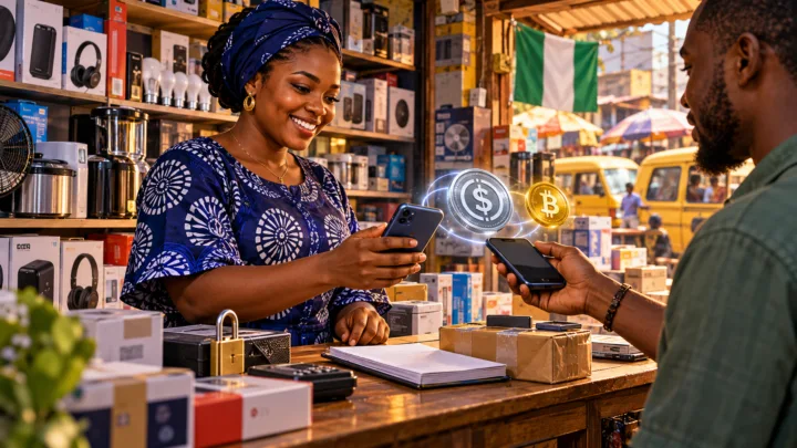 Illustration d’une commerçante nigériane recevant un paiement numérique dans sa boutique
