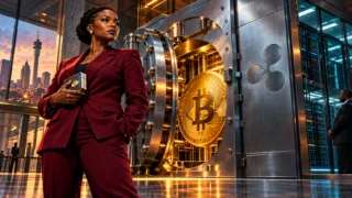Illustration d’une banquière sud-africaine devant un coffre sécurisé contenant un symbole Bitcoin