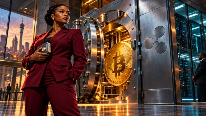 Mchoro wa mfanyakazi wa benki wa Afrika Kusini mbele ya sanduku salama lenye alama ya Bitcoin