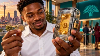 Illustration d’un client tenant une pièce en rands et un téléphone-coffre contenant Bitcoin, fermé par un cadenas