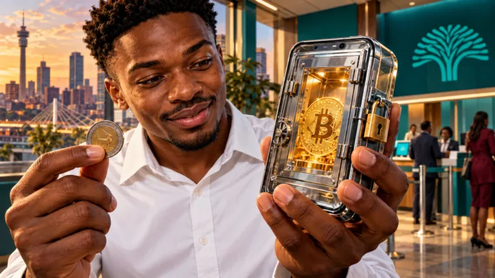 Illustration of a customer holding a rand coin and a phone-shaped safe containing Bitcoin, secured with a padlock