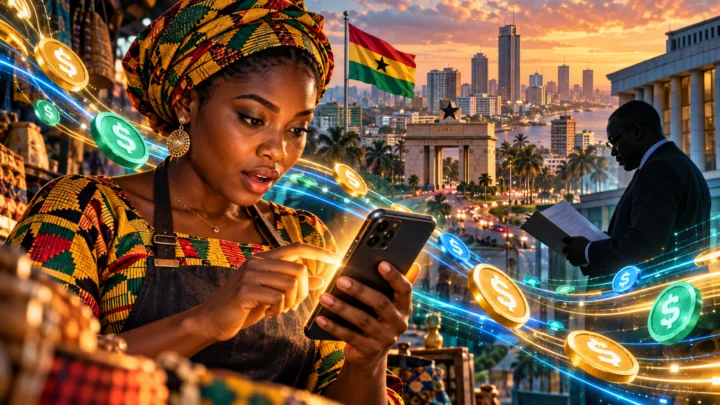 Une entrepreneuse ghanéenne observe des flux de stablecoins devant Accra et un régulateur