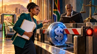 Illustration d’une entrepreneuse sud-africaine discutant d’un paiement en stablecoin devant une barrière réglementaire