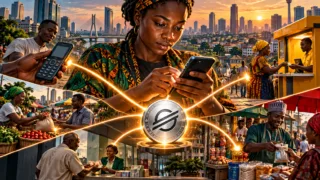 Une développeuse africaine relie symboliquement cinq usages de paiement autour d’un smartphone et du symbole Stellar
