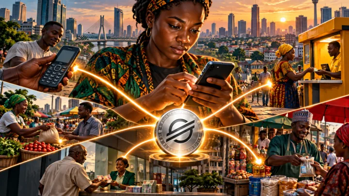 Une développeuse africaine relie symboliquement cinq usages de paiement autour d’un smartphone et du symbole Stellar