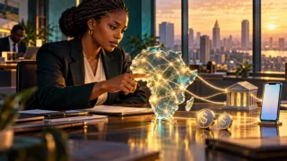 Illustration d’une professionnelle devant une carte de l’Afrique reliée à une banque et à un téléphone