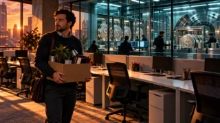 Illustration d’un salarié quittant un bureau pendant qu’une infrastructure de garde crypto reste en activité
