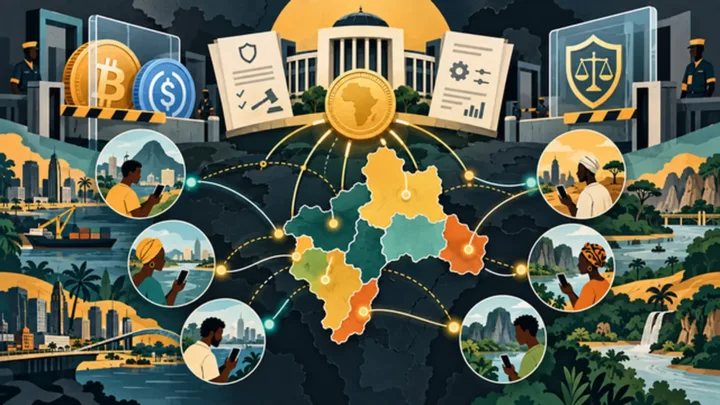 Carte stylisée de la CEMAC avec franc CFA, blockchain et bâtiment de banque centrale