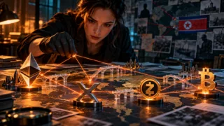 Une enquêtrice relie symboliquement des transferts entre Ethereum, XRP, Zcash et Bitcoin sur une table de traçage