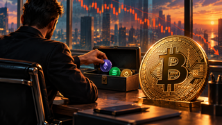 Un trader range des jetons crypto dans un coffret tandis que Bitcoin se détache devant un graphique symbolique
