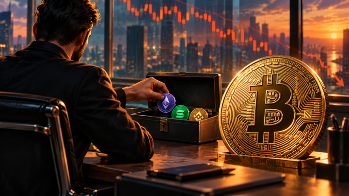Un trader range des jetons crypto dans un coffret tandis que Bitcoin se détache devant un graphique symbolique