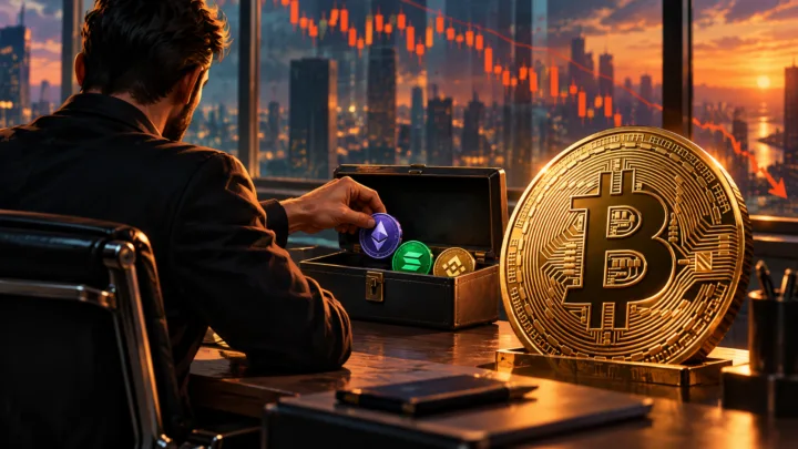 Un trader range des jetons crypto dans un coffret tandis que Bitcoin se détache devant un graphique symbolique