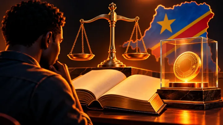 Livre juridique et balance devant un jeton numérique dans un compartiment de verre