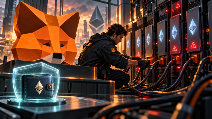 Un technicien retire des serveurs validateurs Ethereum tandis qu’un wallet reste sous protection