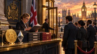 Des dossiers d’autorisation crypto sont examinés à un guichet londonien devant une file de candidats