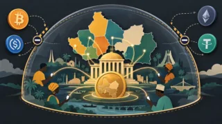 Carte stylisée de l’UEMOA avec franc CFA, blockchain et bâtiment institutionnel