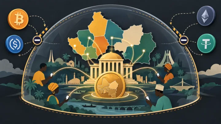 Carte stylisée de l’UEMOA avec franc CFA, blockchain et bâtiment institutionnel